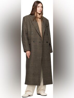 Filippa K Coat Women’s Beige Black Peacoat Plaid Double-Breasted Wool Size 40